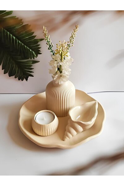 Decorative Vase Set Object Set Pampas Vase,candle holder,sea shell,cloud Plate 4 Pieces Dark Cream Color.