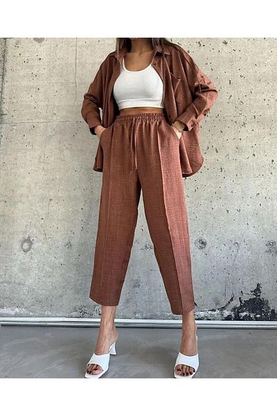 Zoe Zoe Women's Double Linen Shirt Pants Bottom Top Set Drawstring Bos
