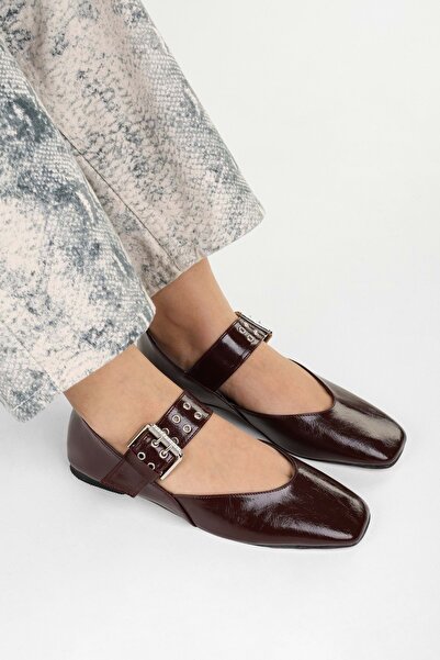 Shoeberry Women's Vell Burgundy Skin Ballerinas with Belt Buckle