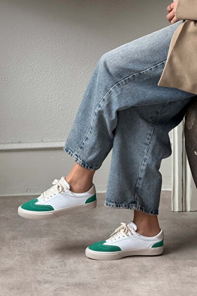 NİŞANTAŞI SHOES Dámská šněrovací sportovní obuv Brooke White Matte Green Suede s plochou podrážkou