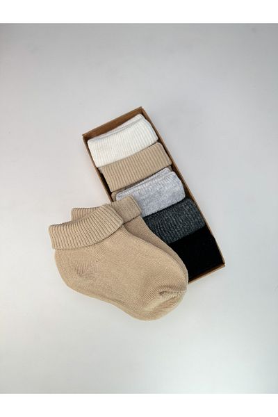 Akface Organic Cotton Patternless Plain Curled Newborn Baby Girl Boy Baby and Children's Socks Set of 5