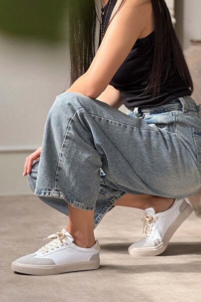 NİŞANTAŞI SHOES Dámská šněrovací sportovní obuv Brooke White Matte Grey Suede s plochou podrážkou