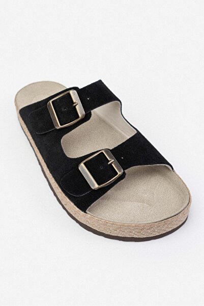 NİŞANTAŞI SHOES Sarrah Black Genuine Suede Double Buckle Detailed Flat Sole Women's Slippers