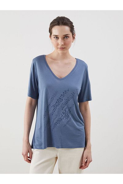 LC Waikiki Indigo V-Neck Patterned Women's T-Shirt