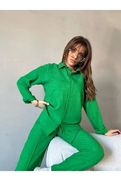 zoezoe Women's Double Linen Shirt Pants Bottom Top Set Drawstring Bos