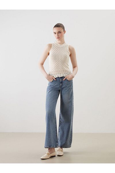 LC Waikiki Lcw Vision Beige Crew Neck Openwork Women's Knitwear Undershirt