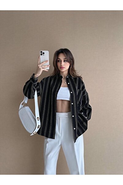 Genel Markalar Kadın Siyah Çizgili Oversize Gömlek