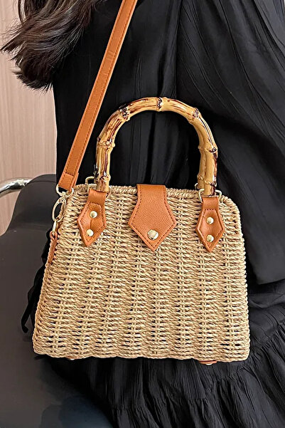 FASHION COCKTAIL Μίνι πλεκτή Bohemian πλεκτή τσάντα ώμου για διακοπές στην παραλία με επένδυση από μπαμπού