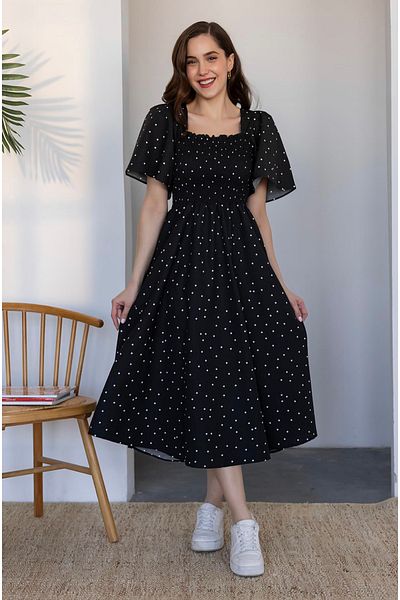 Afiş Butik Black Polka Dot Gimped Back Tie Midi Dress