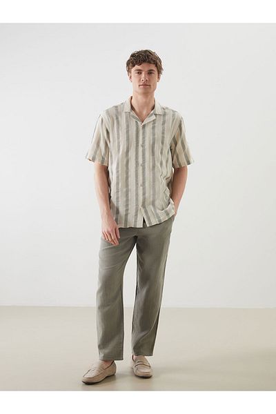 LC Waikiki Beige Regular Fit Short Sleeve Striped Men's Textured Shirt