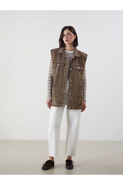 LC Waikiki Lcw Modest Brown Shirt Collar Women's Jean Vest
