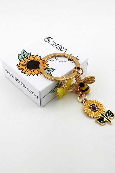 Solfera Sun Flower Bee and Butterfly Spring Nature Floral Metal Dangle Keychain Kc288
