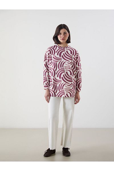 LC Waikiki Lcw Modest Pink Patterned Oversize Women's Sweatshirt Tunic