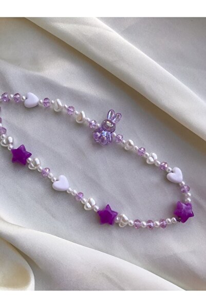 PEONY peonyofficiall Mor Tavşan Figürlü Ve Kristal Telefon Charmı Telefon Ipi