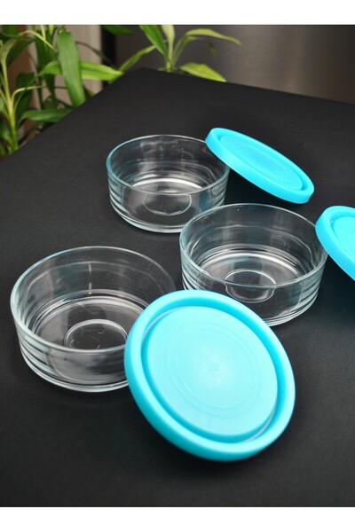 Qualitev 3-Piece Glass 12 cm Storage Container with Lid Breakfast Blue