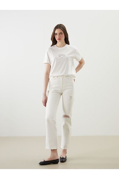 LC Waikiki Lcw Vision Ecru Crew Neck Printed Women's T-Shirt