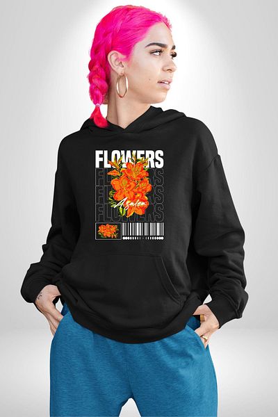 Soufeel Flowers Courtesy Street Style Women Men Printed Three Yarn Black Hooded Hodie Sweatshirt