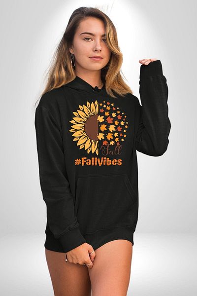 Soufeel Sun Flower Autumn Tutus Women's Men's Printed Three Yarn Black Hooded Hodie Sweatshirt
