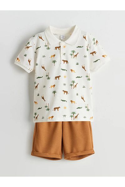 LC Waikiki Ecru Printed Boys' T-Shirt and Shorts 2-Pack