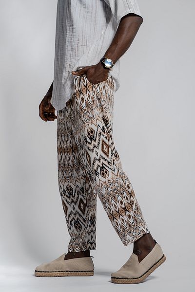Morfine Men's Loose Waist Elastic Patterned Brown Baguette Trousers