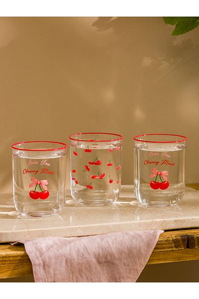 LC Waikiki Mixed Cherry Printed Glass Water Cup Set of 3 350 ml