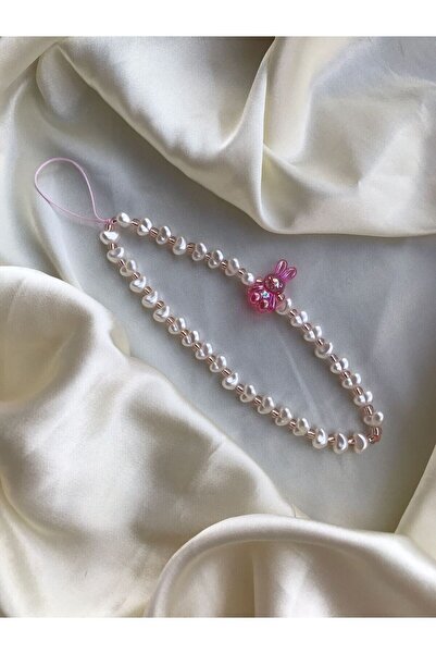 PEONY peonyofficiall Pembe Tavşan Figürlü Rose Pembe Boncuk Ve Incili Telefon Charmı Telefon Ipi