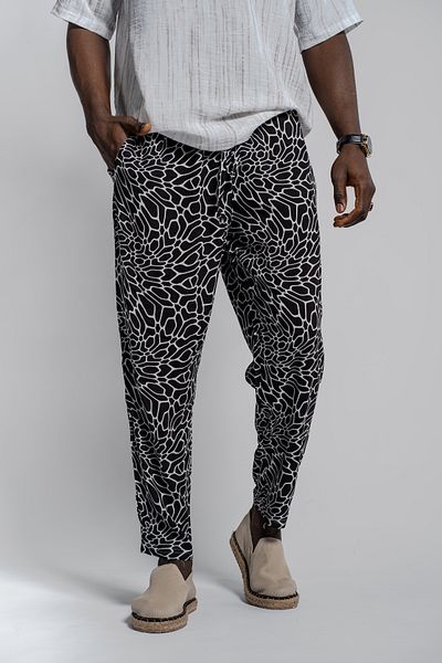 Morfine Men's Loose Waist Elastic Patterned Black Baguette Trousers