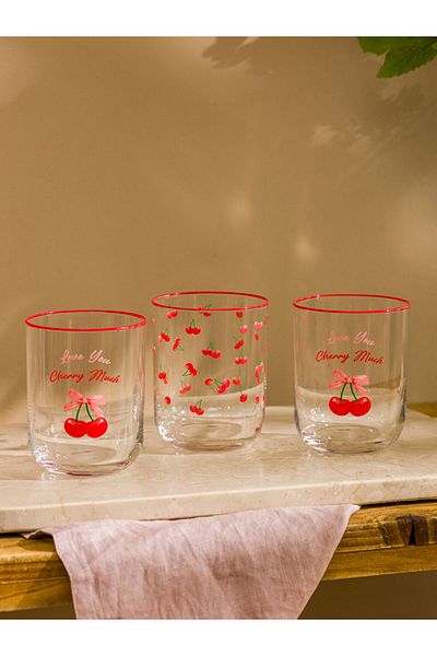 LC Waikiki Mixed Cherry Printed Glass Water Cup Set of 3 350 ml