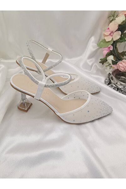 LİNEER Kadın Sedef Kırık Beyaz 7 Cm Kadeh Topuklu Taşlı Sinderella Stiletto G...
