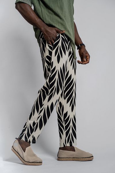 Morfine Men's Printed Wide Leg Elastic Ecru Baguette Trousers