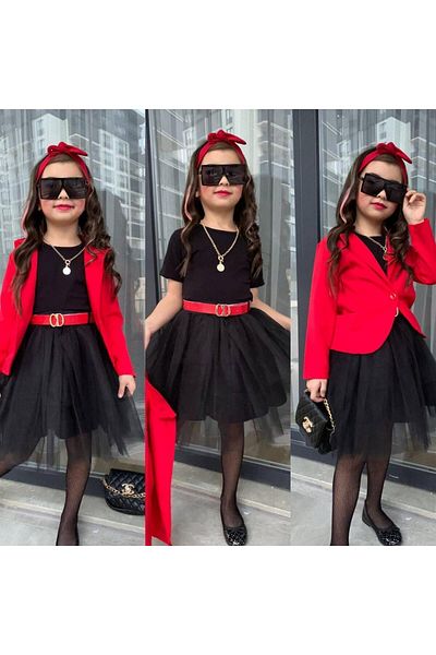 ELOMİA Girl's Jacket, Badi, Skirt, Belt 4 Piece Combination Set