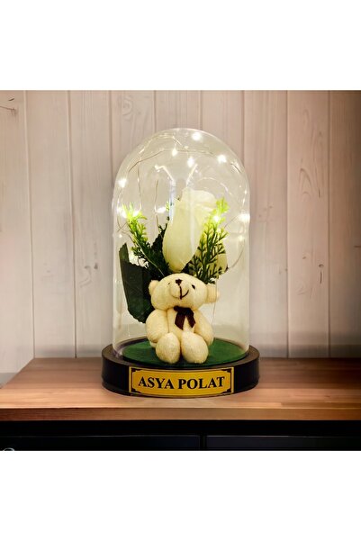 MEGA KANYON Kişiye Özel Beyaz Güllü Büyük Fanus - Peluş Ayıcık Temalı - Led I...