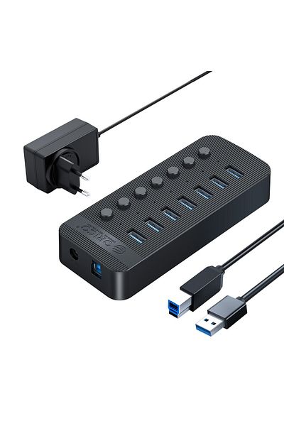 Orico موزع USB3.0 من ORICO مزود بـ 7 منافذ من الاتحاد الأوروبي، موزع صناعي من الألومنيوم مزود بـ 7 منافذ مع محول طاقة 12 فولت
