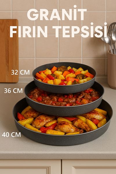 FİTHOME Granite Non-Stick Tray Set 32-36-40 cm Oven Tray