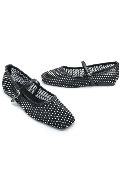 Kids Club Shoes Balerina de damă cu dantelă neagră Feles cu detaliu de piatră