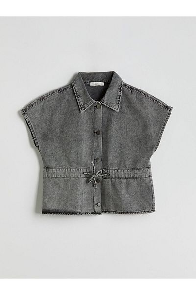 LC Waikiki Natuvera Black Shirt Collar Women's Jean Vest
