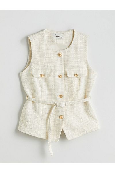 LC Waikiki Lcwaikiki Classic Ecru Crew Neck Women's Tweed Vest