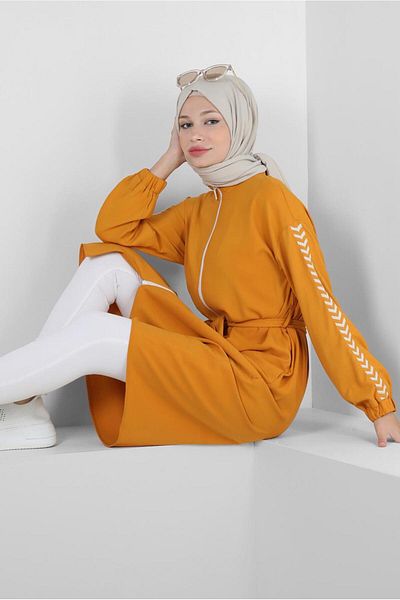 Alvina Patterned Sleeve - Zippered and Belted Tunic 43795