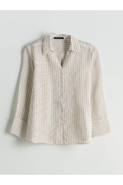 LC Waikiki Lcw Comfort Ecru Striped Oversize Women's Shirt