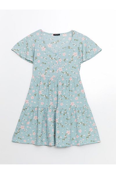 LC Waikiki Lcw Comfort Blue U Neck Floral Mini Dress