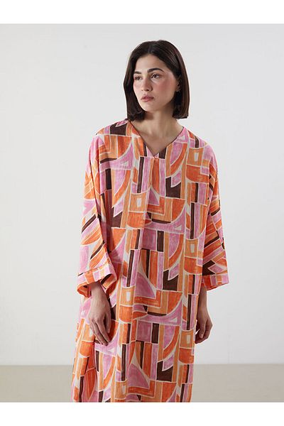 LC Waikiki Blue V-Neck Patterned Oversize Dress