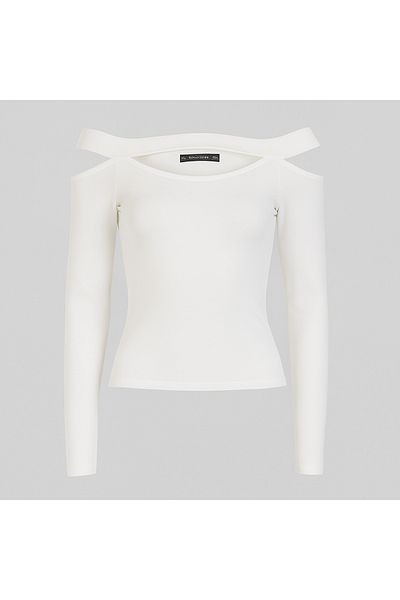 MODAMARKET Berryls Boat Neck Cleavage Detail Off-The-Shoulder White Long Sleeve Autumn Diver Blouse