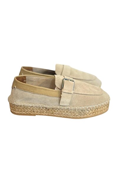 TUFAN SHOES Bej Hakiki Süet Hasır Taban Tokalı Loafer