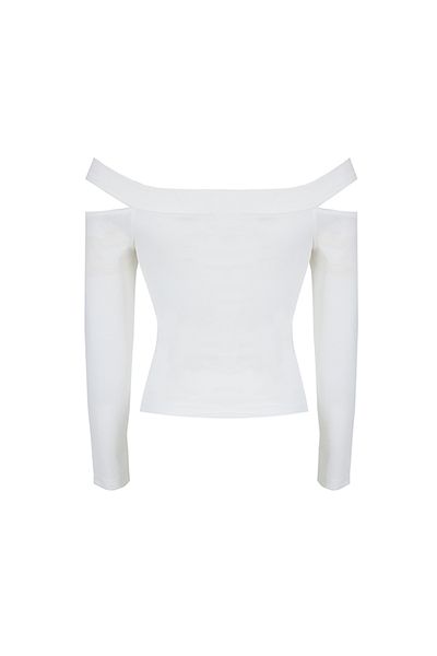 MODAMARKET Berryls Boat Neck Cleavage Detail Off-The-Shoulder White Long Sleeve Autumn Diver Blouse