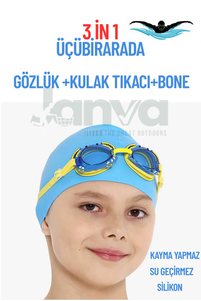 Janva Çocuk-Genç Havuz Deniz Yüzme Seti Silikon Bone + Gözlük + Tıkaç 3 in 1