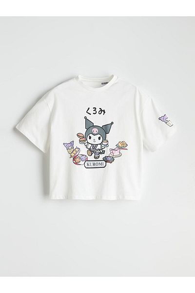 LC Waikiki Ecru Crew Neck Kuromi Printed Girl's T-Shirt