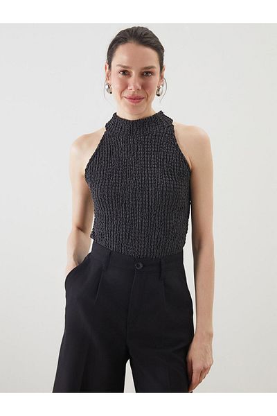 LC Waikiki Lcwaikiki Classic Black Halter Neck Textured Women Blouse