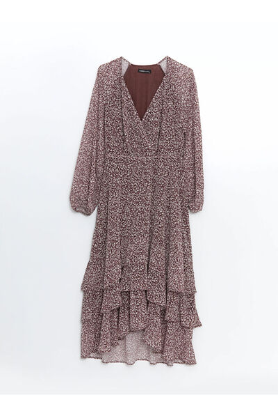 LC Waikiki Bordo Kruvaze Yaka Çiçekli Şifon Kadın Elbise