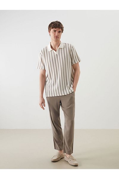 LC Waikiki Ανδρικό μπλουζάκι με υφή LCW Vision Beige Polo με ριγέ γιακά
