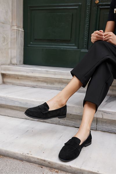 ANGELİNA JONES Tiny Women's Black Real Suet Loafer Shoes